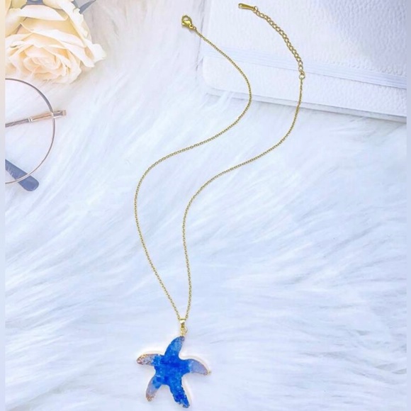 “Blue Druzy Starfish” Gold Dipped Geode Ocean Sea Marine Tropical Steel Necklace - Picture 8 of 16